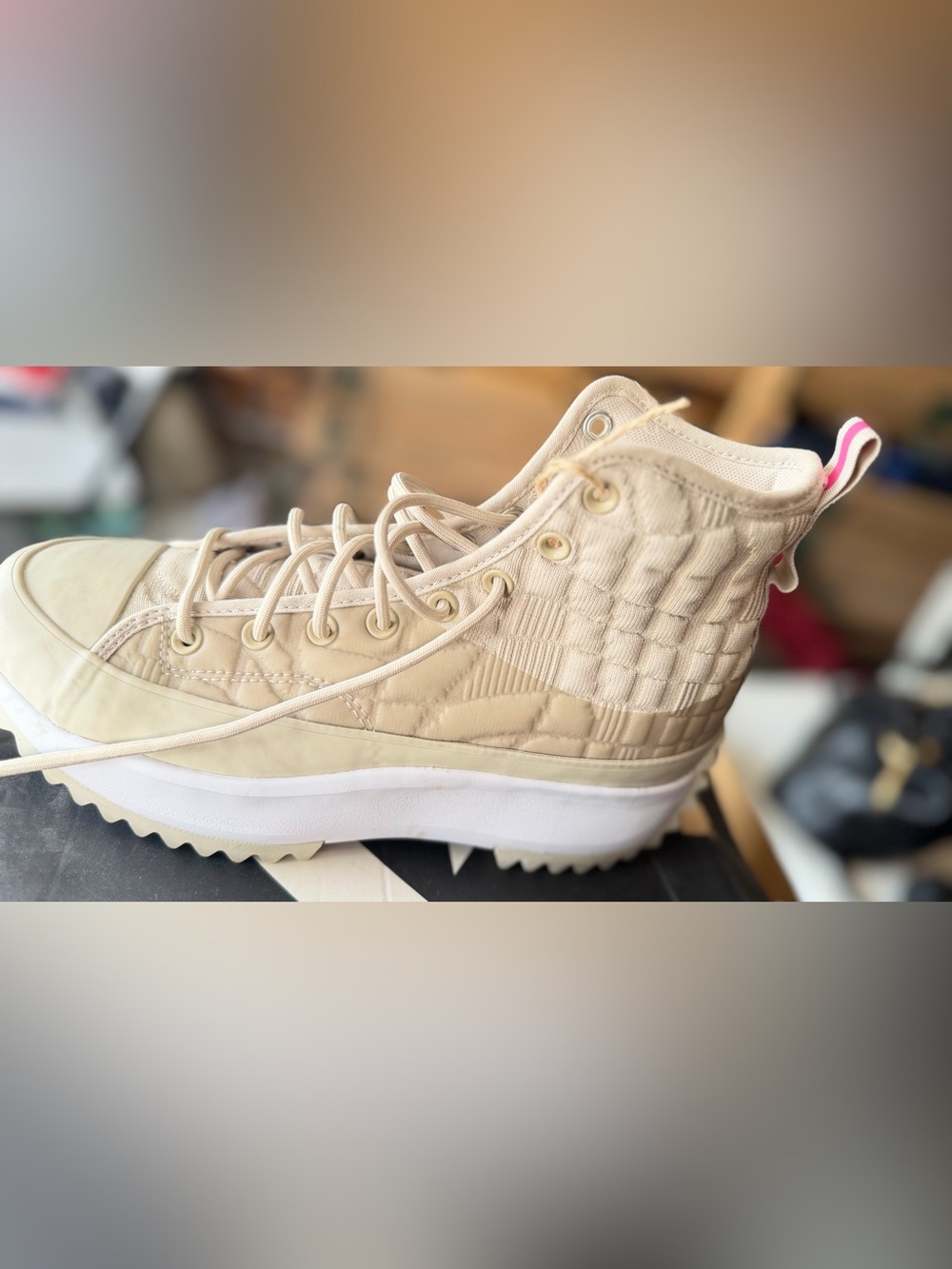 Converse Quilted High-Top Sneaker in Beige with Pink Heel Tab